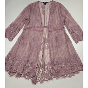 Miss Chevious Dusty Rose Lace Kimono Cardigan Size M Sheer Boho